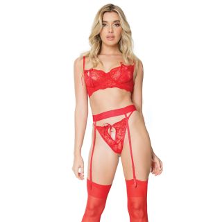 Coquette® Lace Bra, Garter Belt & G-String Set – Cranberry – XL