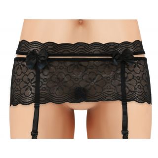 Cherry Wear Lace Garter Belt with Bows - Black - OS