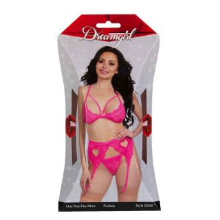 Dreamgirl – 3 Piece Lace Heart Cut-Out Set – Pink – One Size